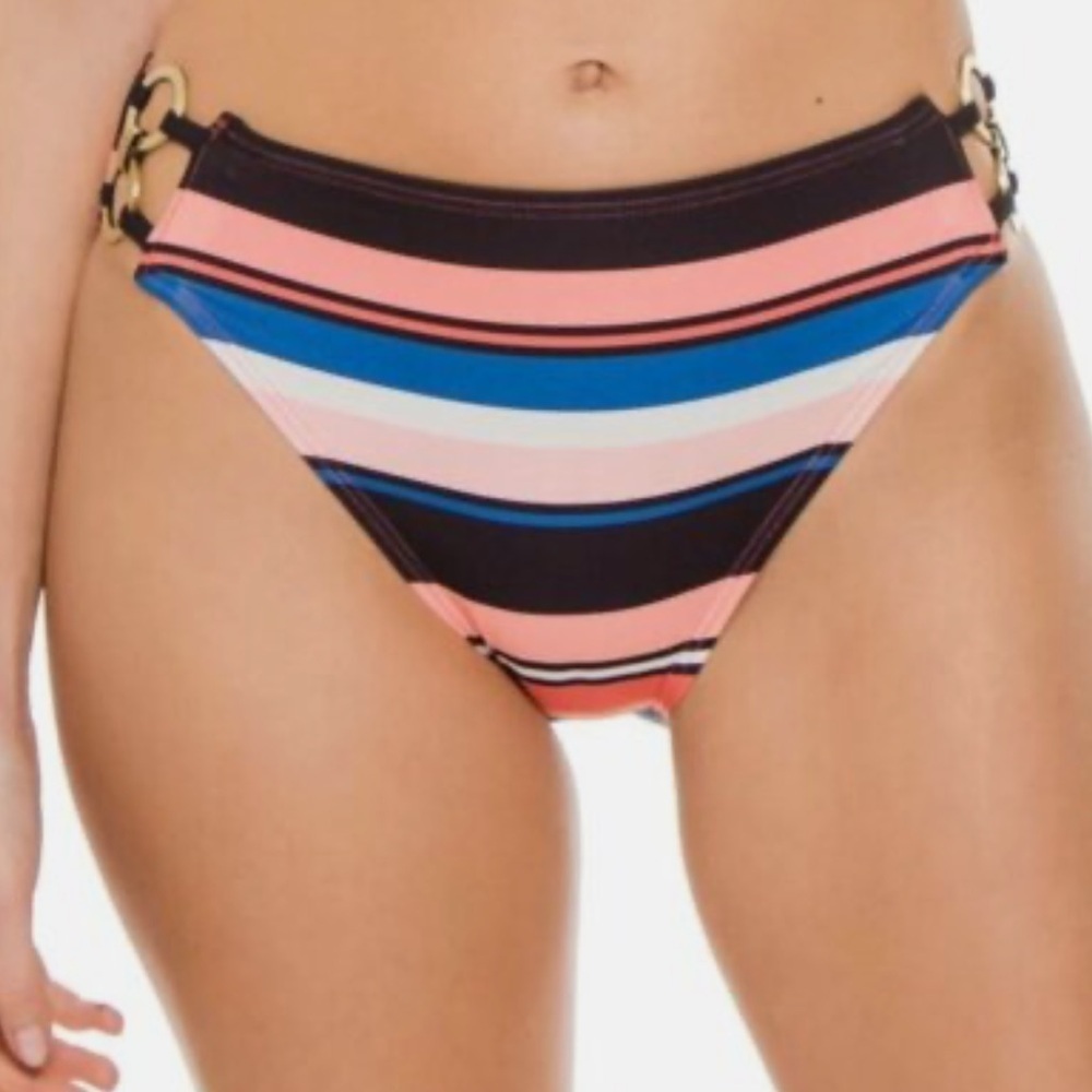 NWT Michael Kors Bright Stripe High Waist Bikini Bottom Ring Chain - Picture 2 of 12